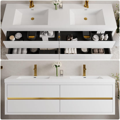 Trygoal 72" Bathroom Vanity with Sink, Floating Vanity with Resin Countertop & 4 U-Shaped Interiors, Wall-Mounted Bathroom Storage Cabinet with Soft-Close Drawers for Home, Easy to Clean, Glossy White