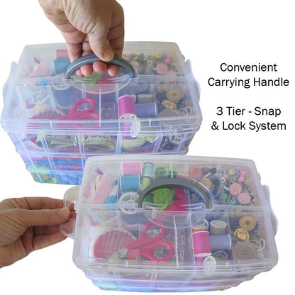 Evelots Storage Container Box, 3 Tier Stackable Snap-On Trays 30 Compartments with Adjustable Dividers for Arts & Crafts Storage, Jewelry Bead Organizers, Toys or Beauty & Sewing Supplies - Clear