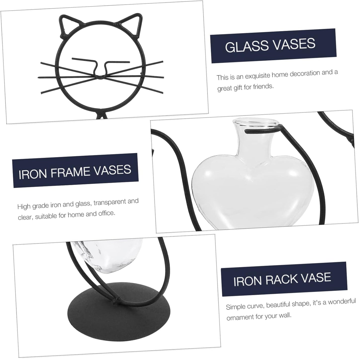 Cat Wrought Iron Vase, Metal Cat Terrarium Vase, Clear Plant Pots, Desk Topper Metal Planter, Household Iron Frame