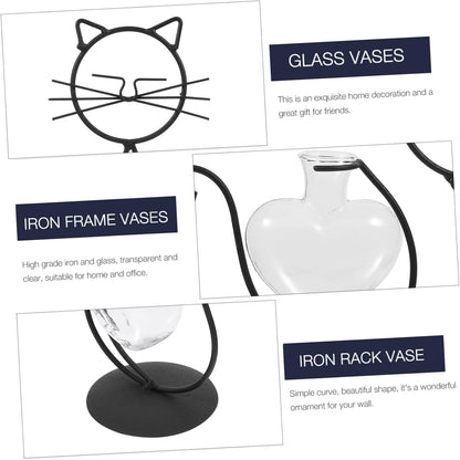 Cat Wrought Iron Vase, Metal Cat Terrarium Vase, Clear Plant Pots, Desk Topper Metal Planter, Household Iron Frame