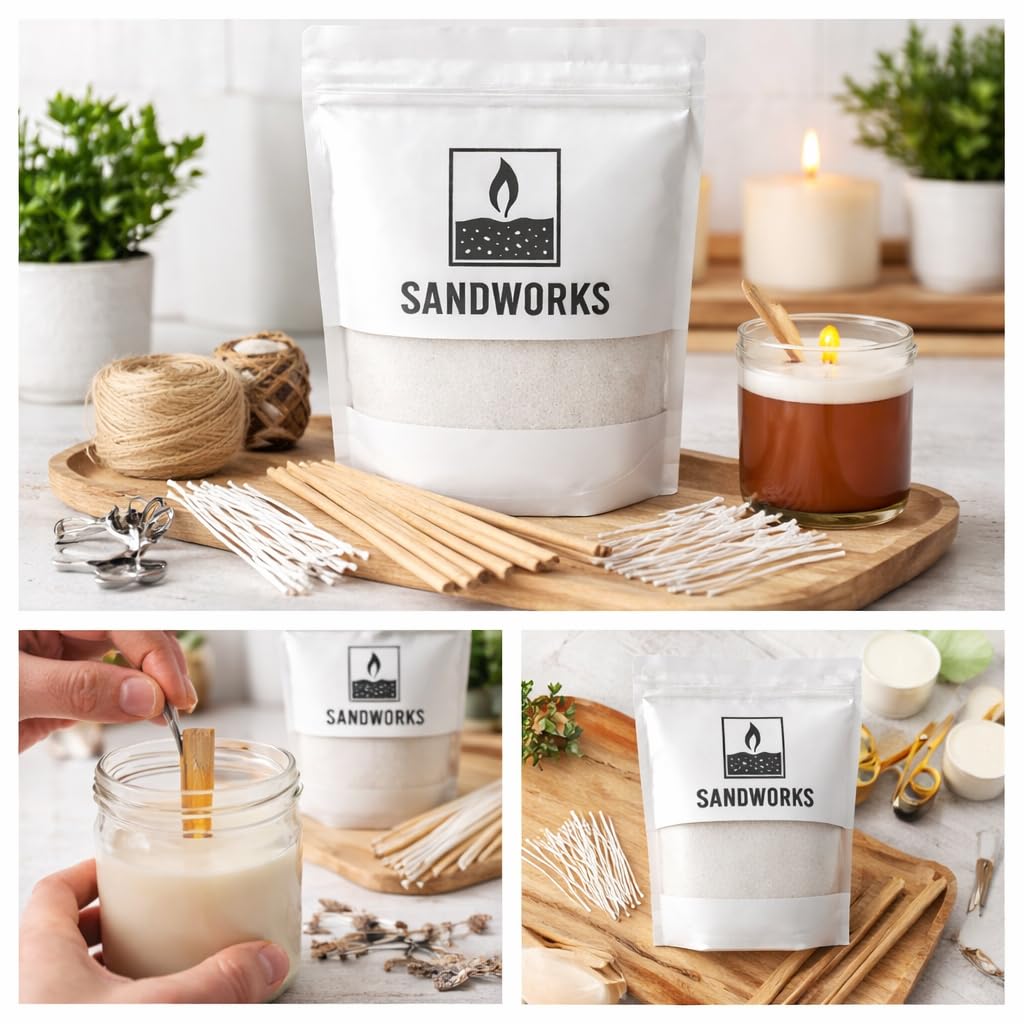 SANDWORKS Sand Wax Candle Making Kit – 5 Wooden Wicks & 15 Cotton Wicks, 500 g Premium Fragrance-Free Sand Wax (Rose Blush (Pink)