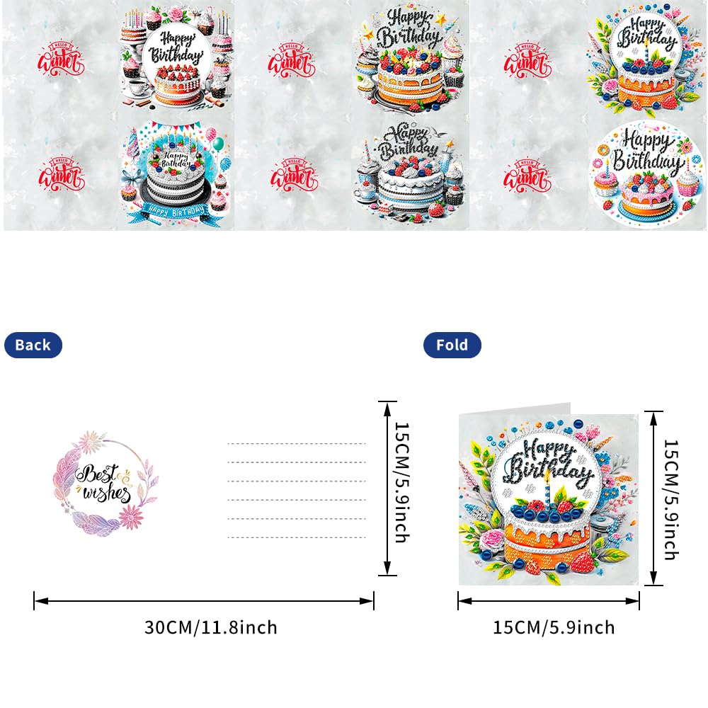 pigpigboss 6 Packs Happy Birthday Diamond Painting Greeting Cards, Birthday Cake Diamond Art Cards with Envelope, Special Shaped Birthday Cake Painting Crads for Adult Birthday Blessing