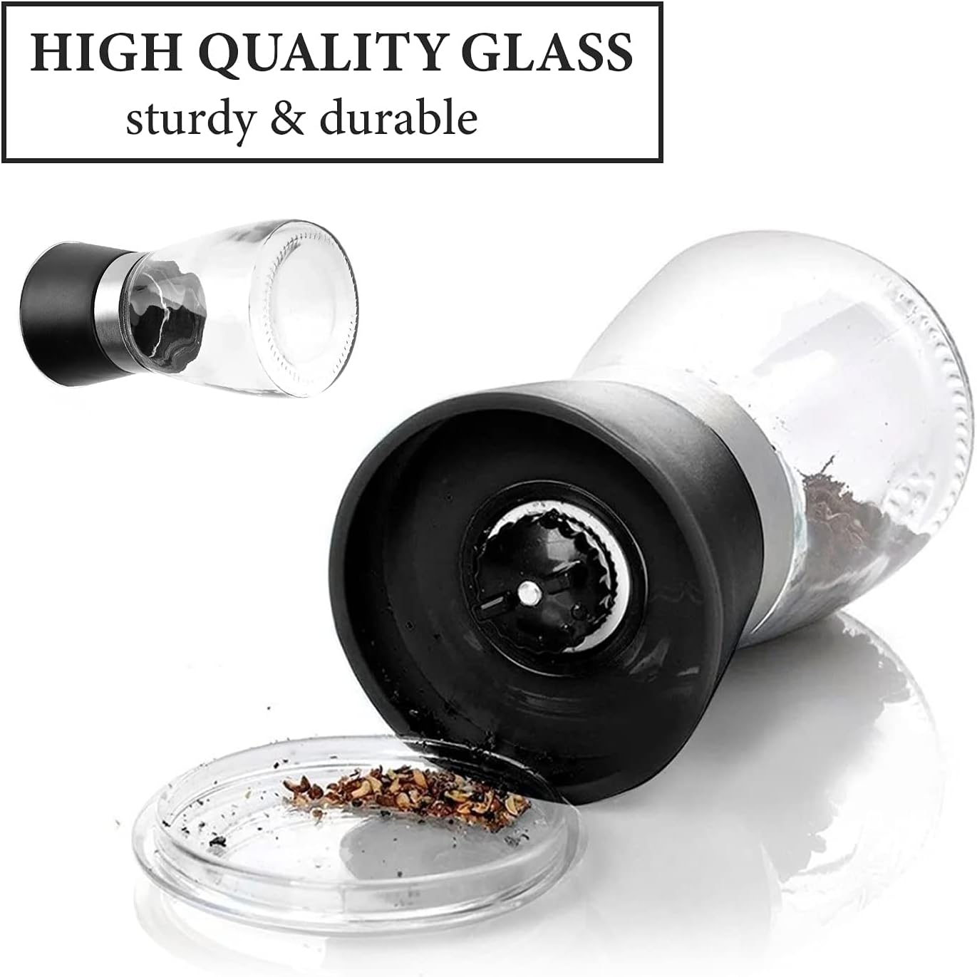 Manual Refillable Pepper Grinder - 6 Oz Glass Grinders for Pepper, Salt & Spices, Adjustable Rotor with 5 Settings