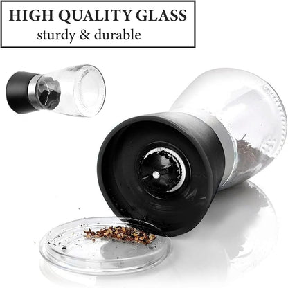 Manual Refillable Pepper Grinder - 6 Oz Glass Grinders for Pepper, Salt & Spices, Adjustable Rotor with 5 Settings