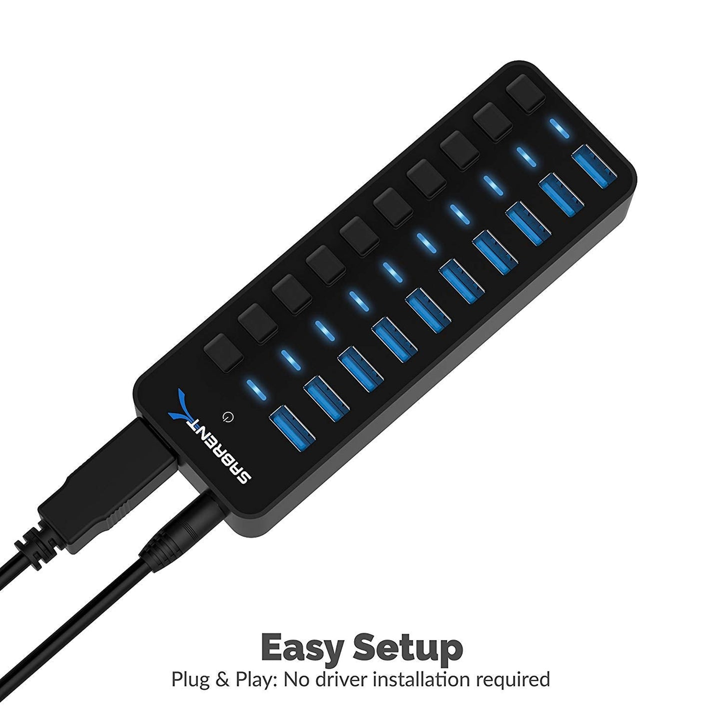 SABRENT 10-Port USB 3.0 Hub, Individual Power Switches and LEDs, 3 Smart Charging Ports, 60W Power Adapter, for PC, Mac, Xbox, PS5, Laptop, Desktop, USB Devices (HB-B7C3)