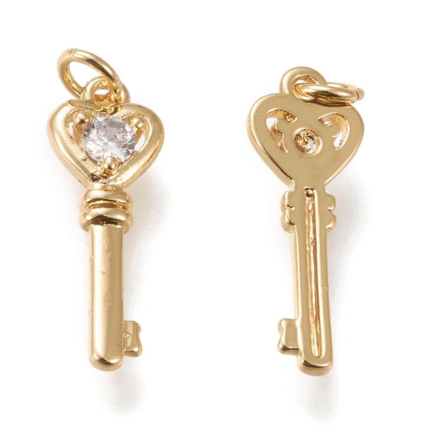 Ipotkitt 10 Pcs Brass Micro Pave Cubic Zirconia Heart Key Charms Golden Clear Hanging Ornaments Skeleton Key Charms for DIY Bracelet Necklace Earrings Making
