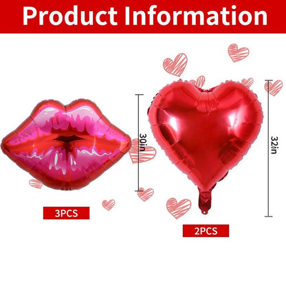 5 Packs of Large Pink Huge Red Lips Balloons Heart Ballons for Makeup Themed Party Anniversary Decor, Kiss The Miss Goodbye(30 Inch)