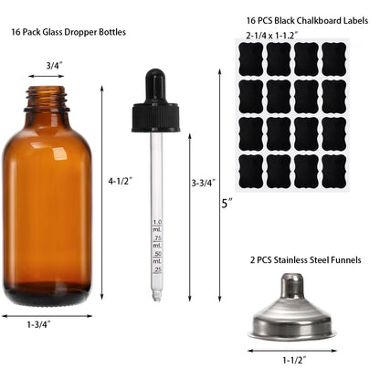 Jucoan 16 Pack Dropper Bottles, 4 oz/120ml Amber Glass Tincture Bottles with Graduated Glass Eye Droppers for Essential Oils, Perfume, 2 Stainless Steel Funnels,16 Chalkboard Labels