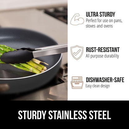 GORILLA GRIP Stainless Steel Heat Resistant Kitchen Tongs for Cooking, 9 + 12 Inch, Set of 2 BBQ Tong, Non Scratch Silicone Tip for Pan, Strong Grip, Grab Food, Toss Salad, Air Fryer, Pull Lock, Black