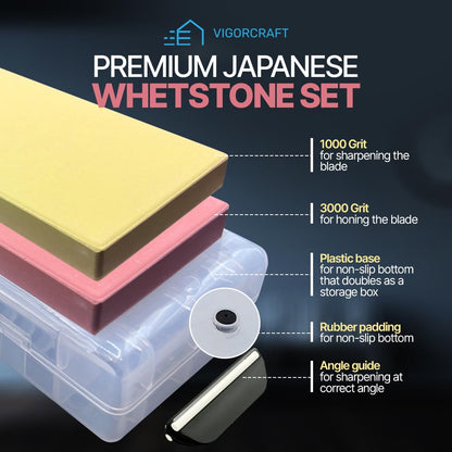 VIGORCRAFT Japanese Whetstone Set - Premium Knife Sharpening Stone Kit - 1000 and 3000 Grit Professional Sharpener Stones with Angle Holder and Plastic Base