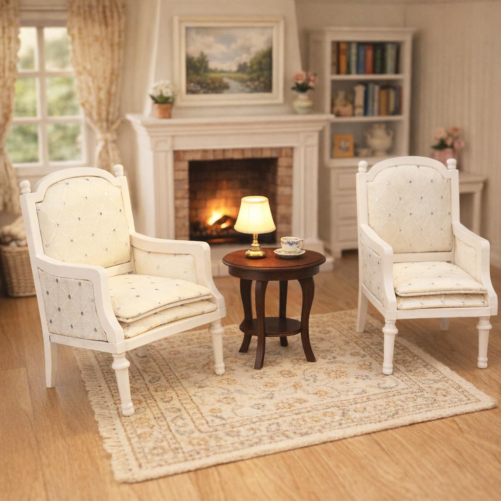 White Wooden Dollhouse Armchairs, Set of 2 Mini Lounge Chairs for Dollhouses, Realistic Furniture for 3–6 Inch Dolls