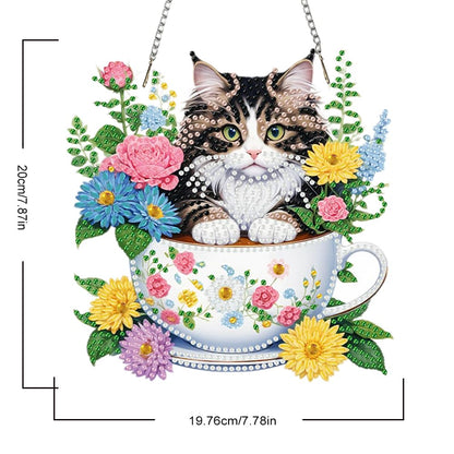 POETRYDRAW DIY Hanging Diamond Art Pendant Kit Flower Cup Cat, Special Crystal Acrylic Diamonds Painting Ornament for Adults, 5D Diamond Art Suncatchers Gem Painting Box Kit