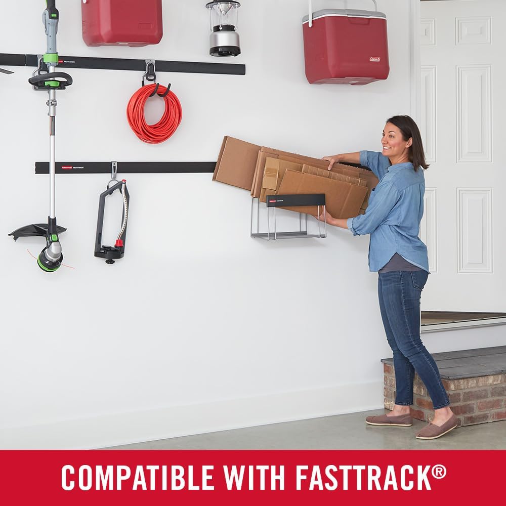 Rubbermaid Garage FastTrack Wall Mounted Recycling Holder, Recycled Cardboard System Holds up to 20 Pounds, Satin Nickel