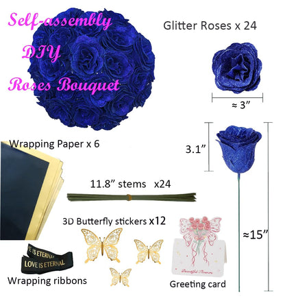 Greenke Glitter Roses DIY Bouquet Kits for Valentines Day Blue Rose Love Forever Flowers Bouquet Fathers Day DIY Rose Flower Gifts for Dad Mom Grandma Valentine Anniversary Wedding Celebration Décor