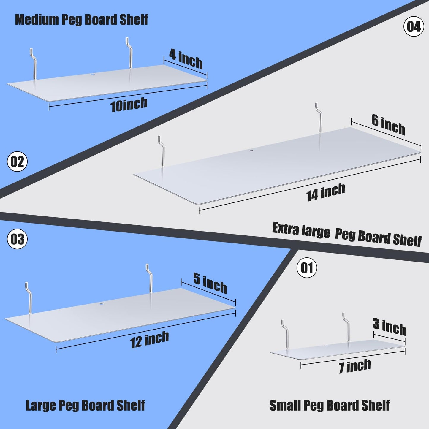 Funrous 4 Pack Pegboard Shelves Wall Organizer Peg Board Shelf Brackets Steel Tray Pegboard Accessories Organizing Tools for Craft Room Home Garage Nursery Workbench Kitchen(Mixed Sizes,Silver)