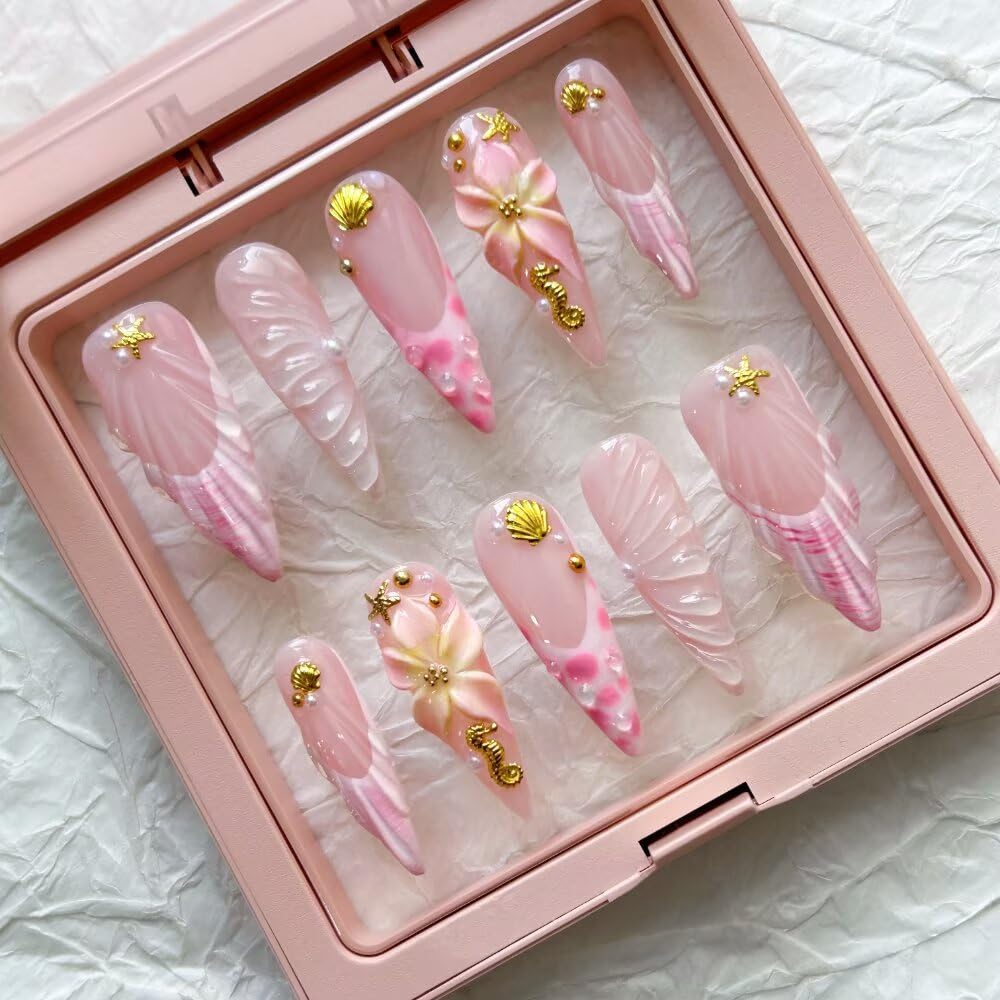 10Pcs Press On Nails - MAGLFELL Handmade Stiletto Pink Fake Nails, 3D Pink Carved Flower, and Gold Plated Accessories Design, Reusable Artificial False Nails for Women Acrylic Nails Kit (Size S)