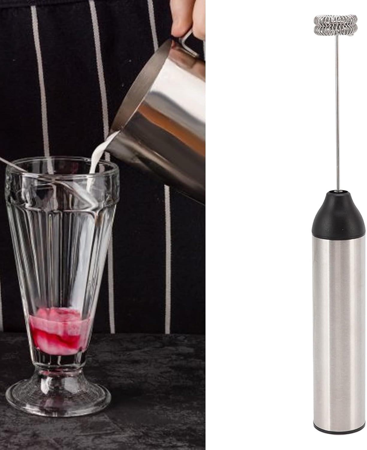 Powerful Handheld Milk Frother - Lightweight Electric Whisk with 2 Mixing Heads, Battery Operated Stainless Steel Mixer