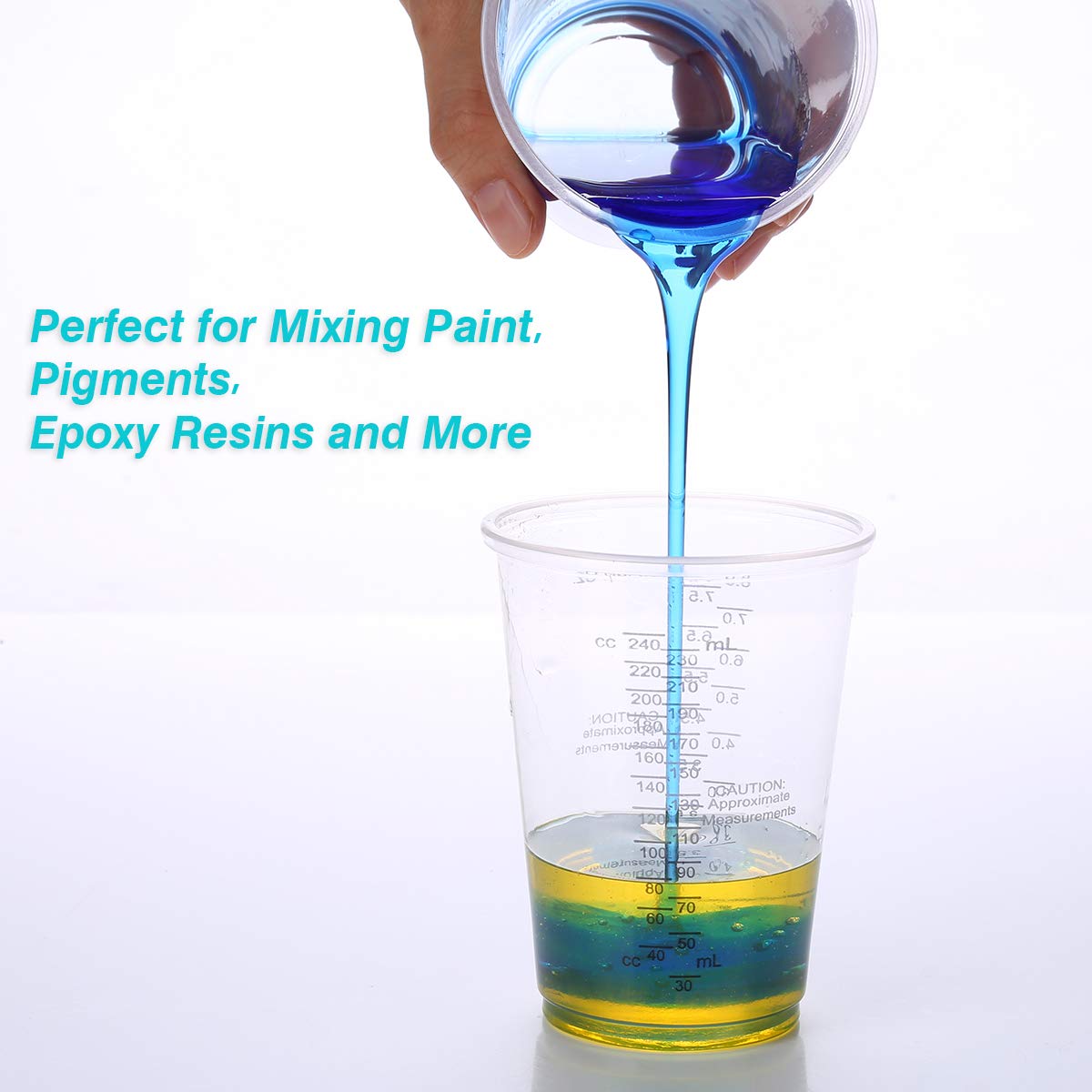 XUXU 100pcs 8oz Graduated Clear Plastic Measuring Cups with 100pcs Wooden Stirring Sticks for Mixing Paint, Pigments, Epoxy Resins, Resins
