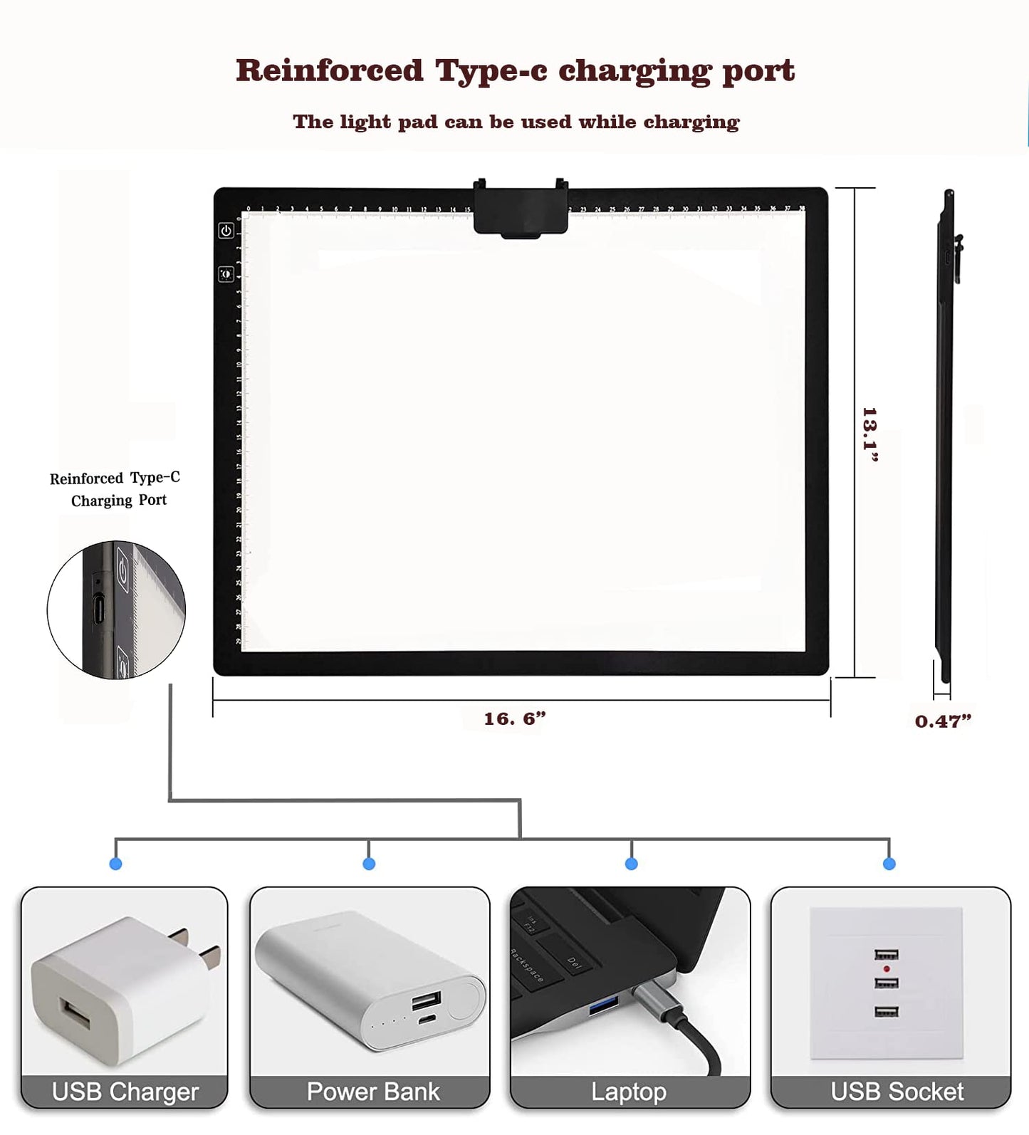YINGWOND Rechargeable A3 LED Light Pad with Carry Bag, Adjustable Brightness Light Box with 3 Colors, Built-in Stand, 2500mAh Battery, Magnetic Clip, Light Board for Tracing Diamond Painting Sketching