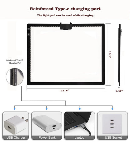 YINGWOND Rechargeable A3 LED Light Pad with Carry Bag, Adjustable Brightness Light Box with 3 Colors, Built-in Stand, 2500mAh Battery, Magnetic Clip, Light Board for Tracing Diamond Painting Sketching