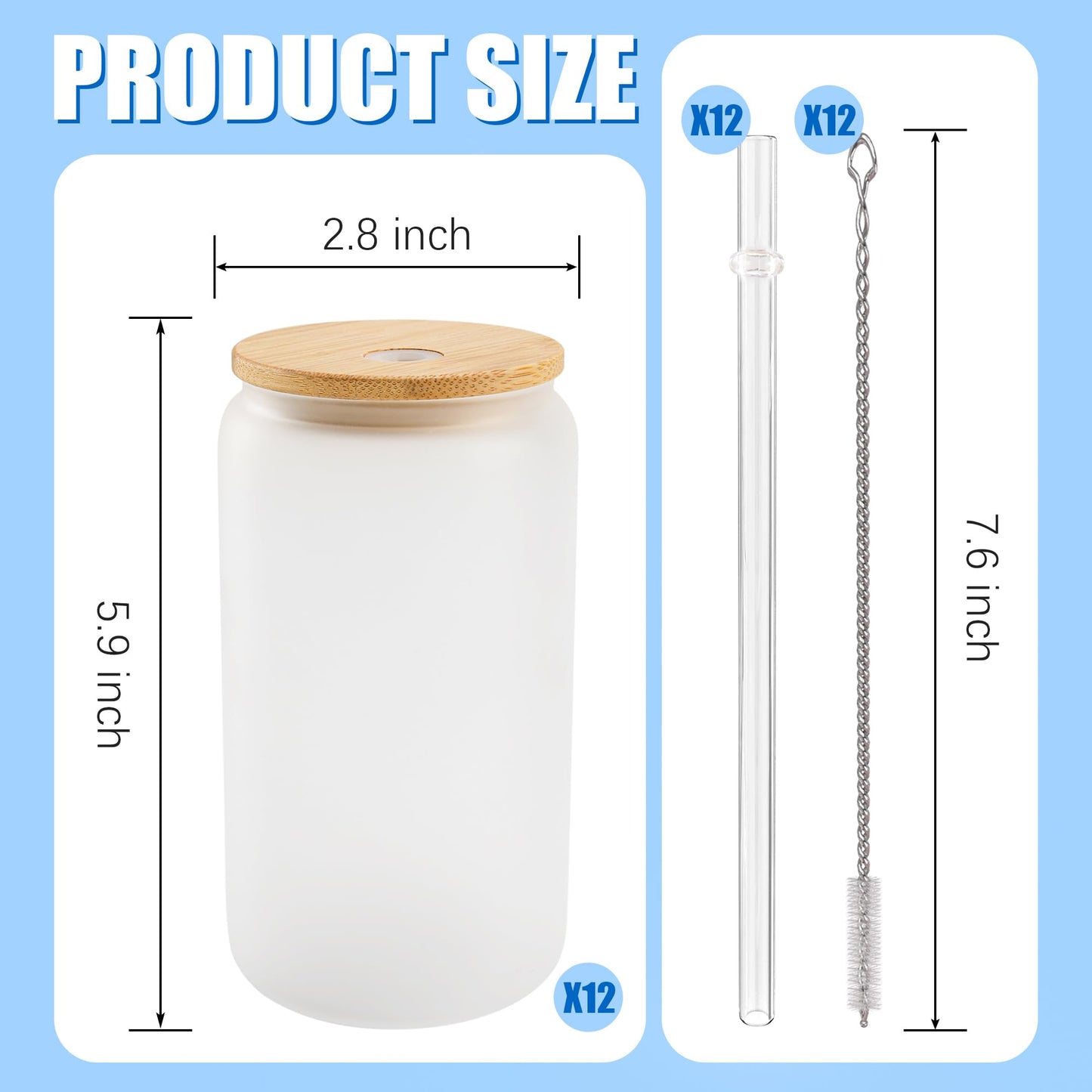 Joyclub 12 Pack Sublimation Blanks Bulk Frosted Glass Cups with Lids and Straws 16oz, Sublimation Glass Tumbler Beer Can Shaped Mugs for Iced Coffee Smoothie Soda Boba Tea DIY Gift Small Business