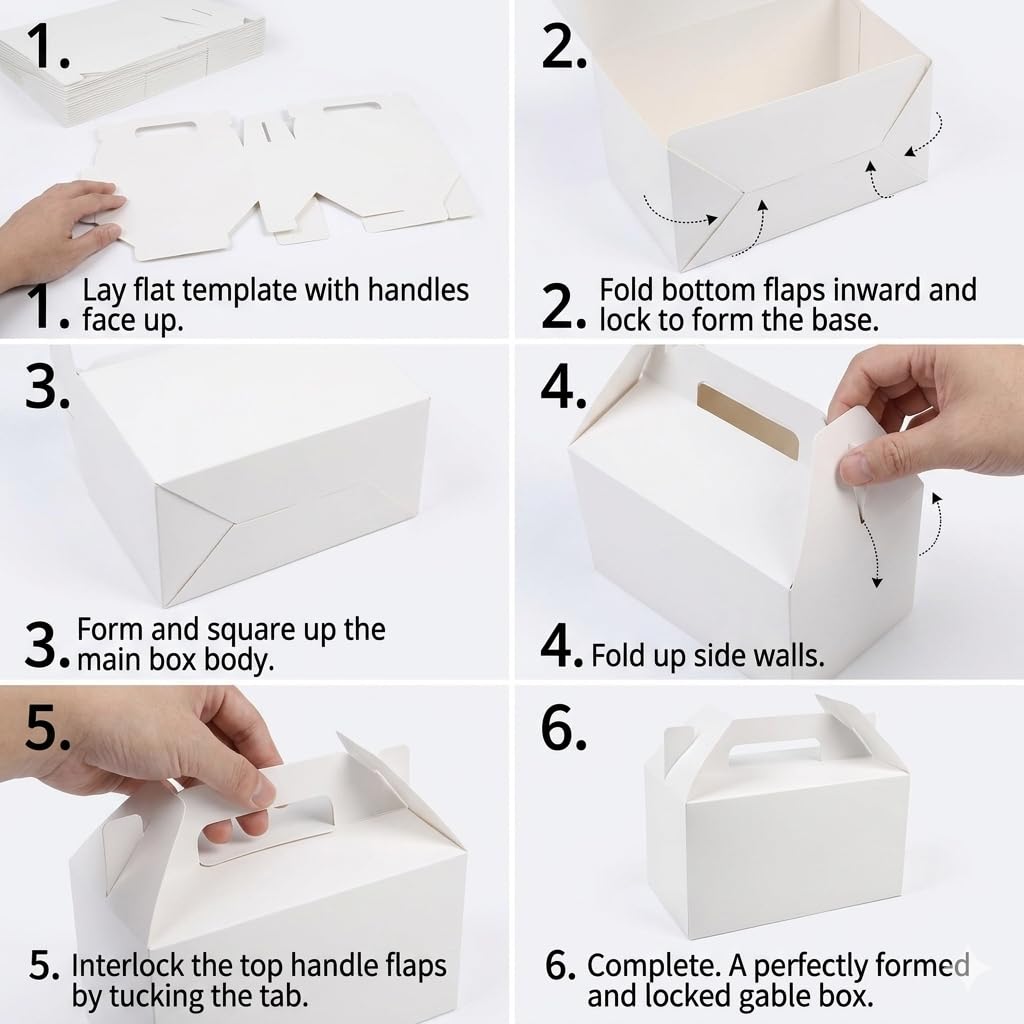 Treelement 24 Pack White Gable Boxes with Handle and Stickers,6×3.5×3.5 Inch Goodie Treat Boxes for Cookie, Party Favors,Birthday,Graduation,Lunch,Holiday Gifting