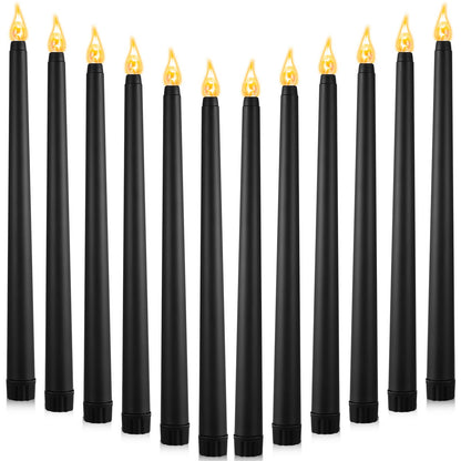 12 Pcs LED Taper Candles Dripless Unscented Flameless Battery Dinner Candles for Halloween, Weddings, Church, Hanukkah, Christmas, Autumn, New Year Celebration (Black)