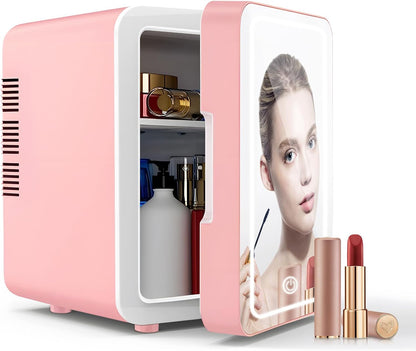 Mini Fridge for Bedroom, Skincare Fridge with Dimmable LED Light Mirror, 4L Makeup Mini Fridge, Pink