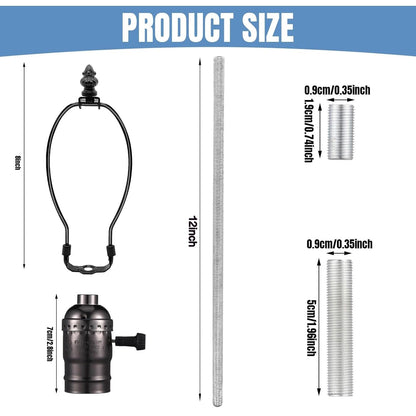 2 Sets Make-a-Lamp Kits - Table Repair or DIY Wiring Kits With 8'' Harp, 12'' Pipe, 3-Way Socket, 8 ft Cord, and All Hardware Parts for Creating DIY Antique Lamp Designs (Black)
