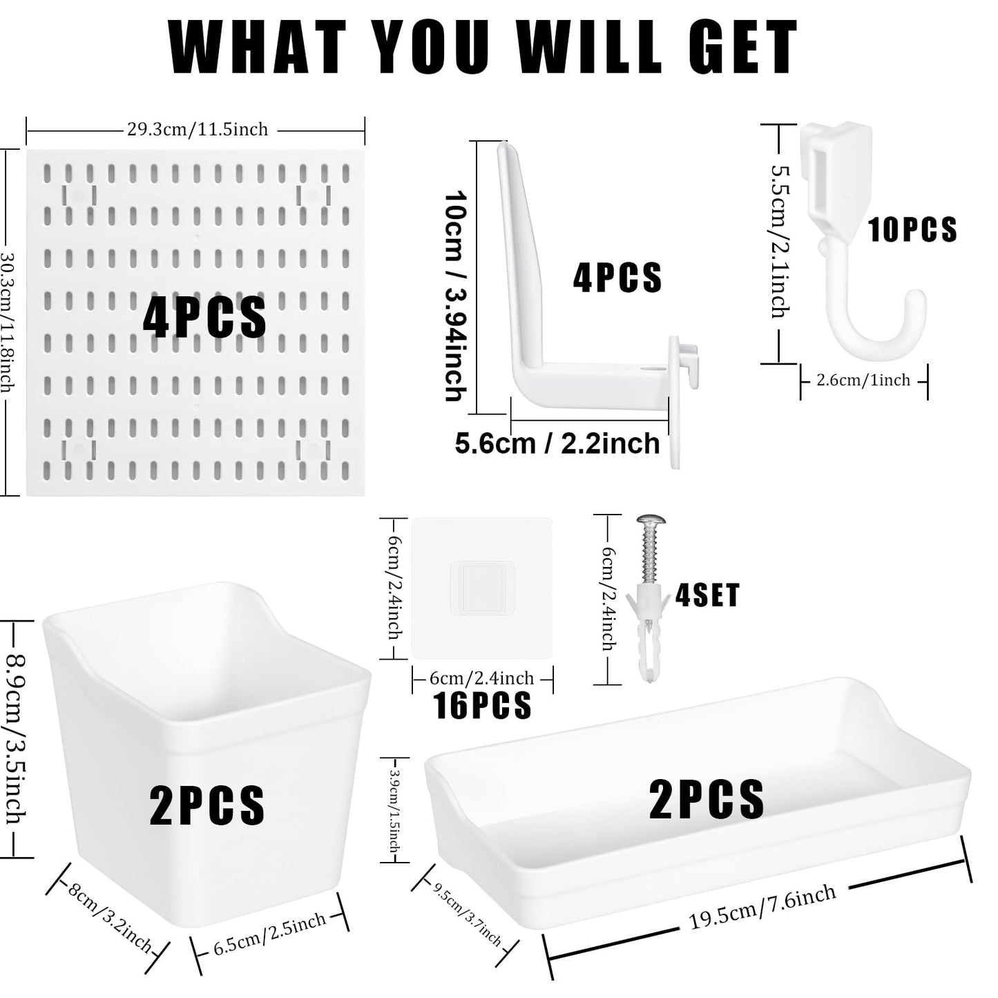Dualshine Premium Pegboard Combination Kit, White Pegboard Wall Organizer with 4 Small Plastic Panels and 38 Accessories, Ideal for Craft Room, Bathroom, Nursery Storage, and Office (22"*22")