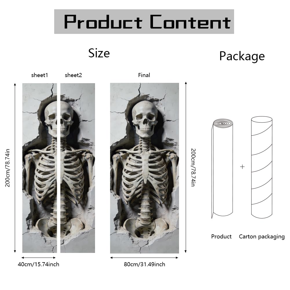 arricraft 2 Pcs 3D Self-Adhesive Door Sticker, 31.5"x78.7" Broken Wall Skeleton Decorations Door Murals Stickers PVC Removable Wallpaper Decoration for Bedrooms Living Room