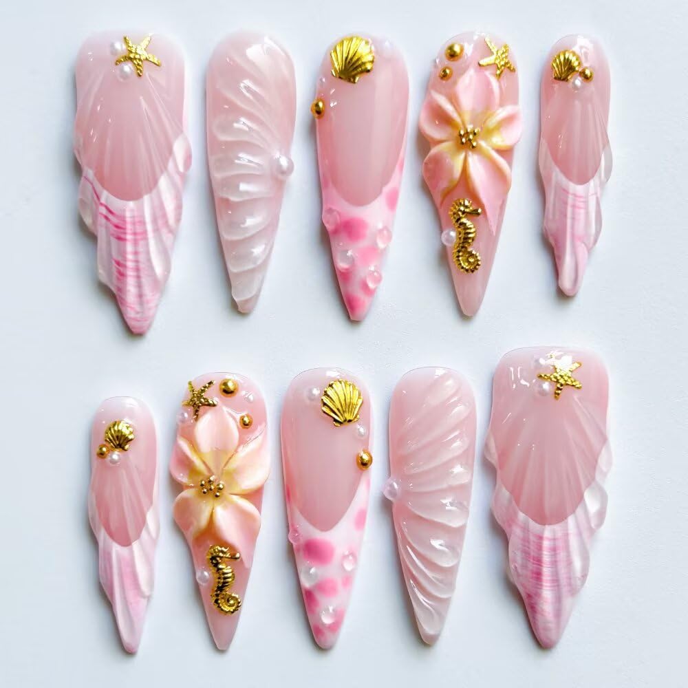 10Pcs Press On Nails - MAGLFELL Handmade Stiletto Pink Fake Nails, 3D Pink Carved Flower, and Gold Plated Accessories Design, Reusable Artificial False Nails for Women Acrylic Nails Kit (Size S)