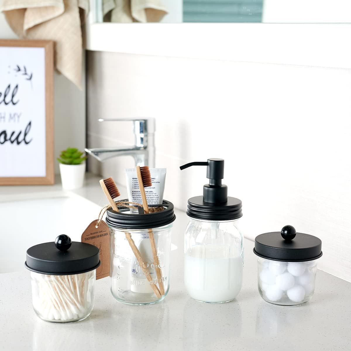 Amolliar Mason Jar Liquid Soap Dispenser, 16OZ Refillable Glass Soap Dispenser for Bathroom, Hand Soap, Dish Soap, Lotion Dispenser for Kitchen, Farmhouse Decor, Soap Pump Bottle, Black 2 Pack