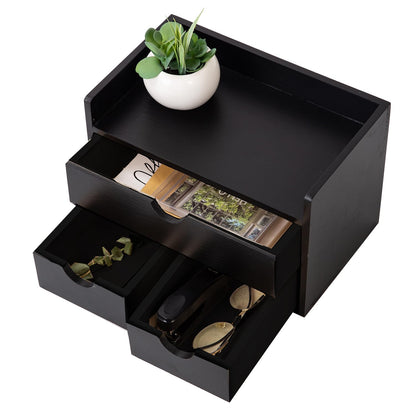 Rustic Distressed white 3-Tier Wood Desk Organizer with 3 Drawers Mini Storage Shelf For Desk, Toiletries Vanity Office Supplies (Black)