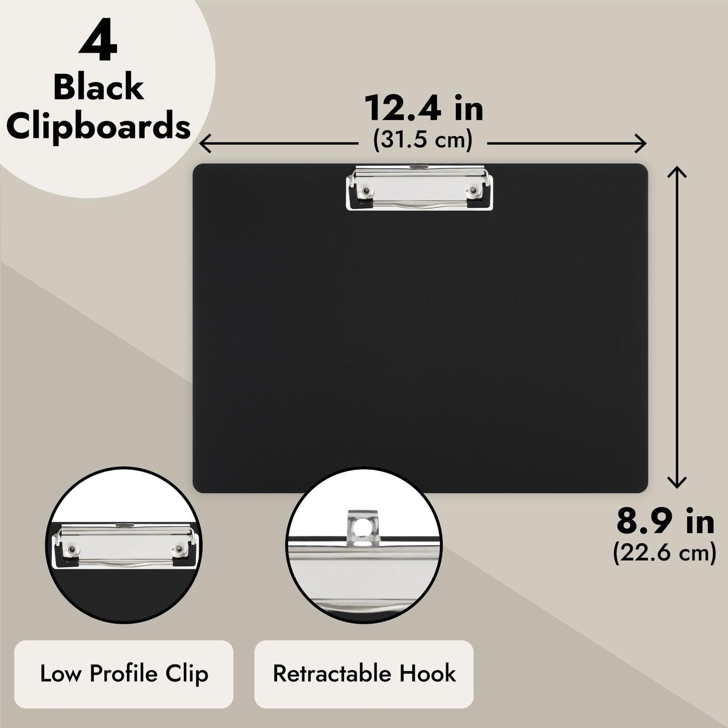 Juvale Landscape Clipboard - 12.4 x 8.9 in, Black Plastic, 4-Pack, Classic - Horizontal Clipboard with Low-Profile Clip - Letter-Size Sketching & Drawing Board