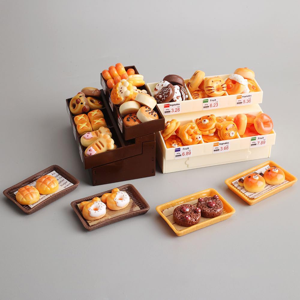 Boodecal 62Pcs Miniature Bakery Mini Bread Food Stand Display Cabinet Bread Rack Play Mini Kitchen Game Party Accessories Toys for Doll House