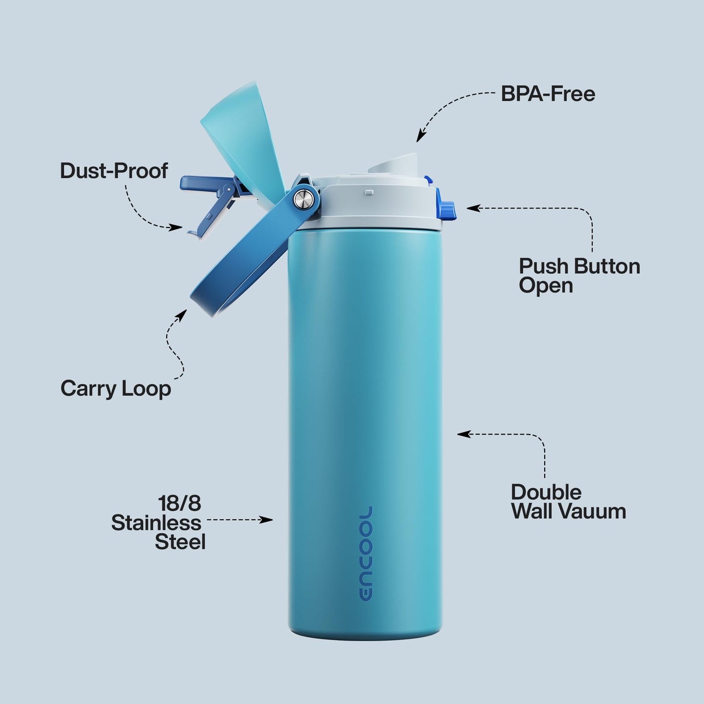 Insulated Water Bottle with Straw - Encool Stainless Steel Water Bottle with Push Button Lid, Leak-Proof & BPA-Free, Keeps Cold for 24 Hours for Sports, Travel, Gym (24 oz, Silk Blue)
