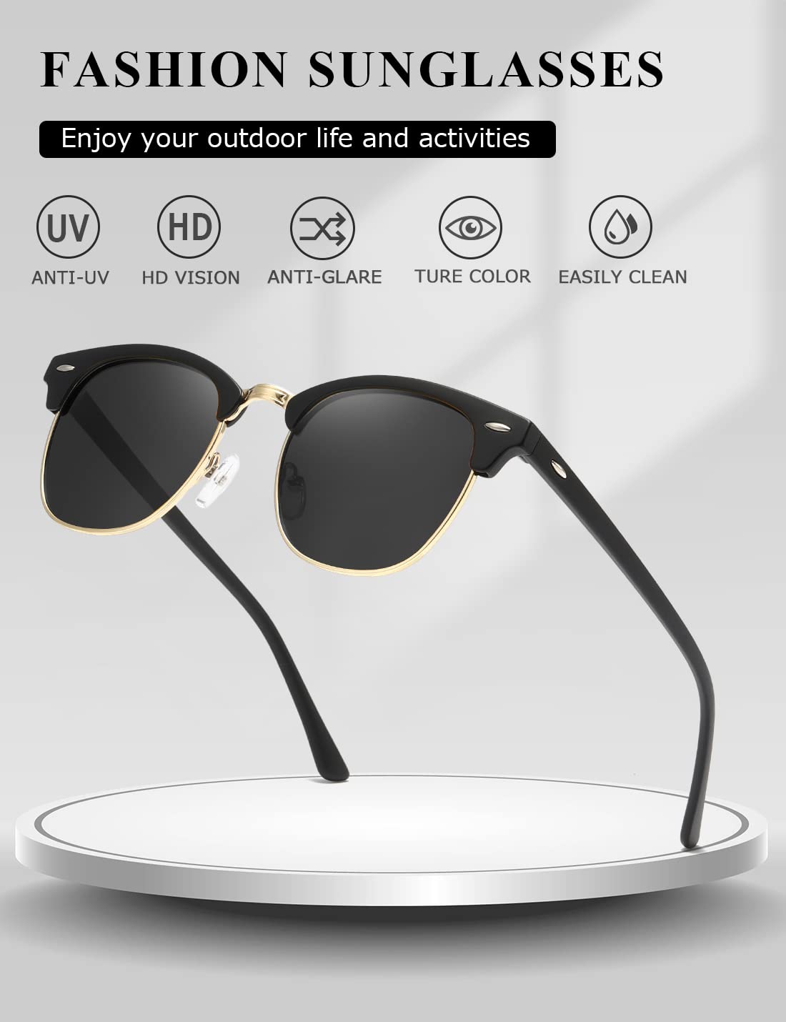 AEVOGUE Polarized Sunglasses For Women And Men Semi Rimless Frame Retro Sun Glasses AE0369 (Matte Black)
