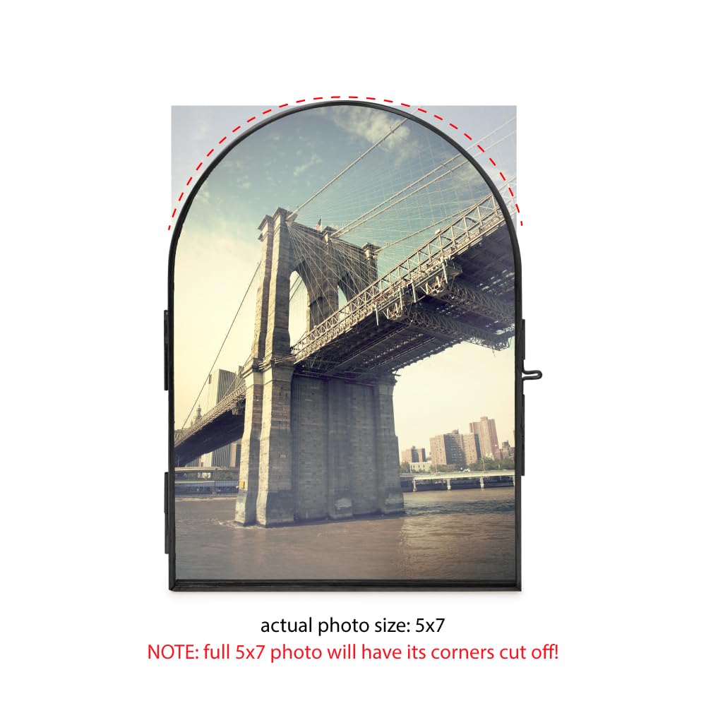 Isaac Jacobs 5x7 Vintage Style, Arched Brass & Glass Metal Floating Picture Frame with Locket Closure (Vertical), Made for Tabletop Display (5x7 Vertical, Black)
