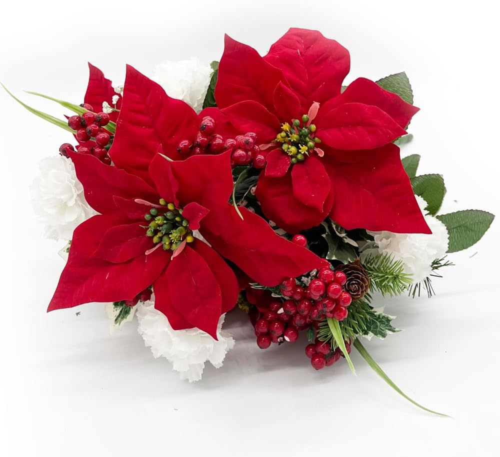 Admired By Nature 18 Stems Artificial Poinsettia Bouquet, Faux Velvet Christmas Flower for Home Decor