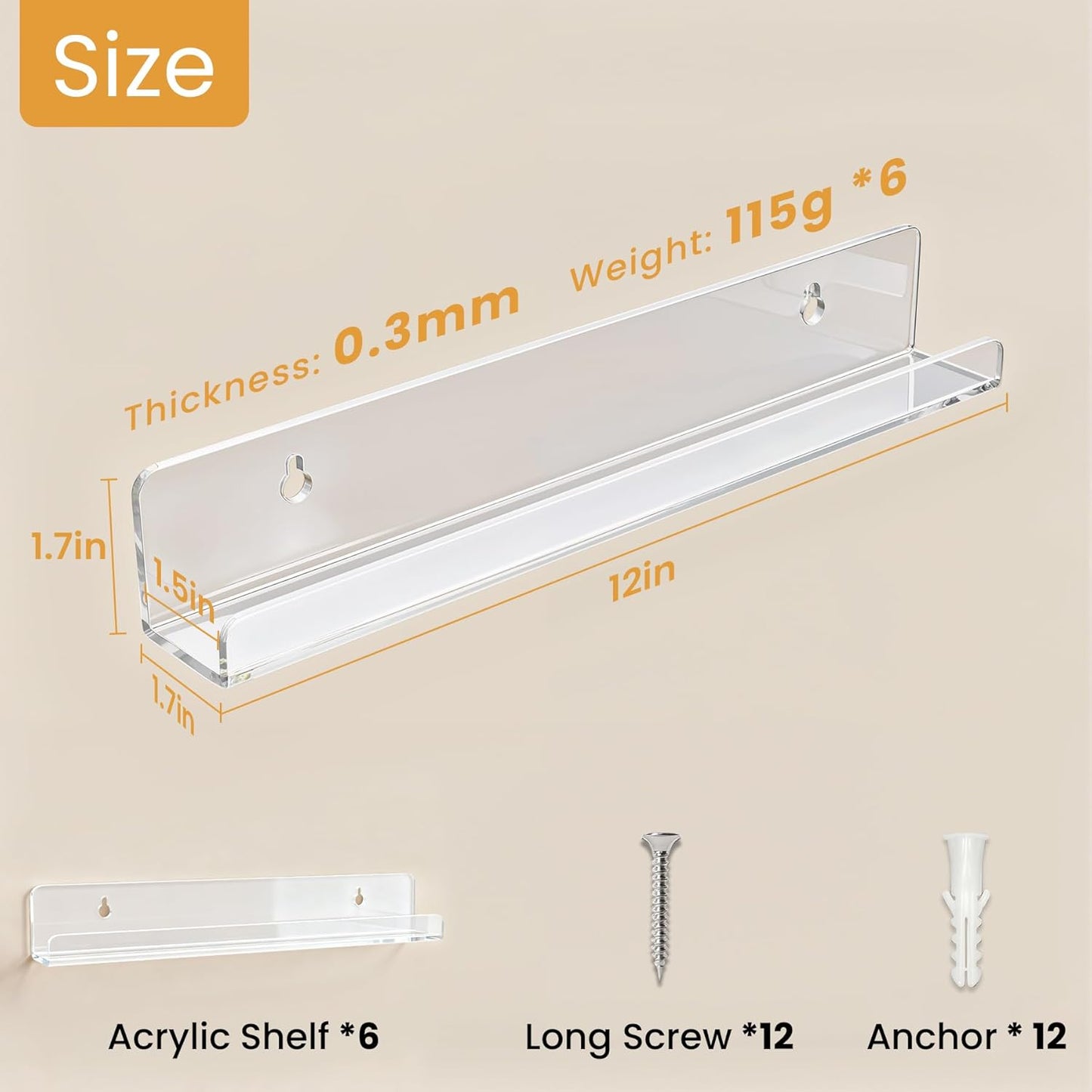 12 inch Album etc.6 Pack Laurensory Vinyl Record Shelf Wall Mount, Clear Acrylic Record Holder Display, Floating