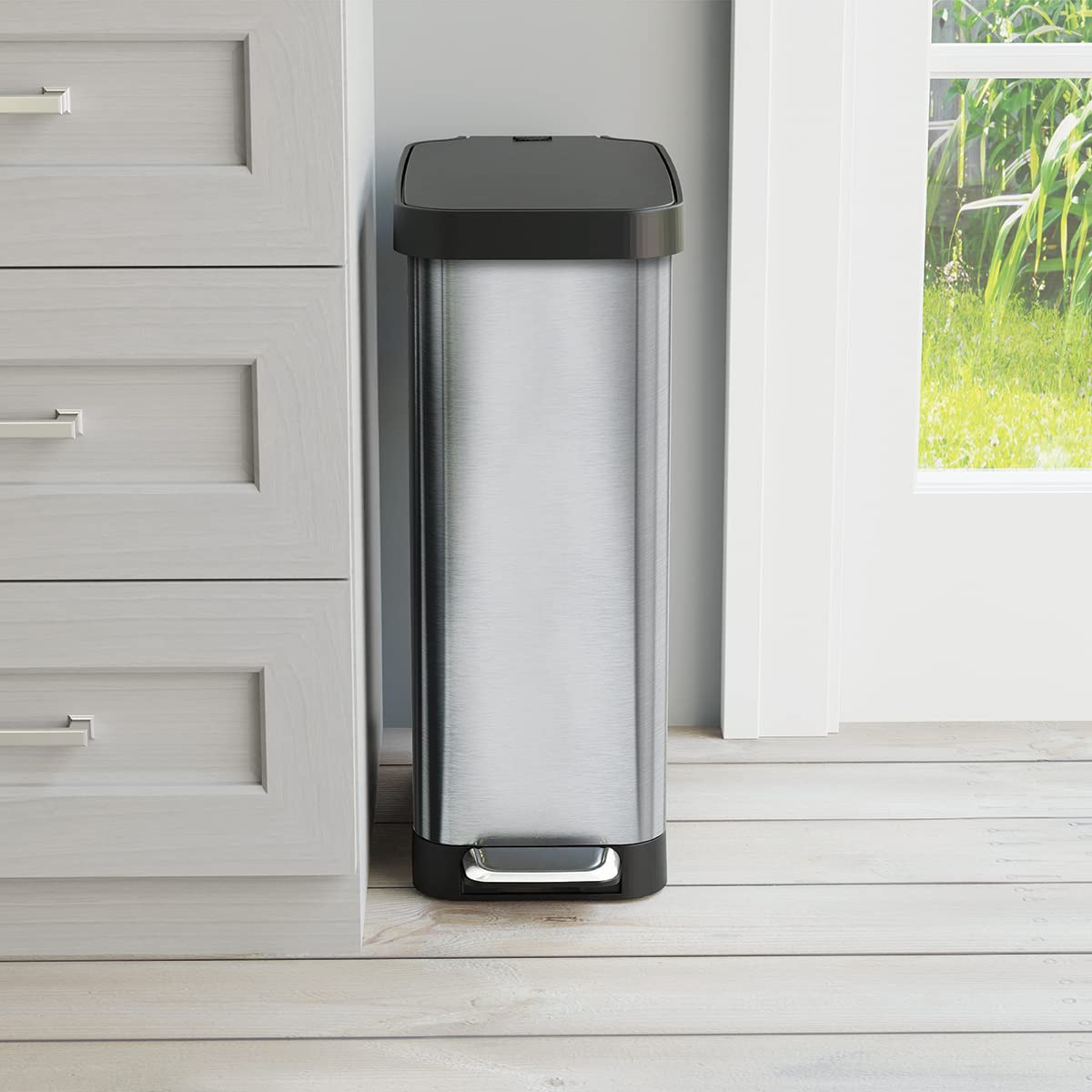 Glad Slim Trash Can with Clorox Odor Protection - Narrow Kitchen Garbage Bin with Soft Close Lid, Step On Foot Pedal and Waste Bag Roll Holder, Stainless Steel, 12 Gallon/45 Liter