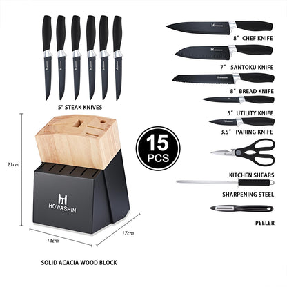 Black Knife Set, Howashin 15 Pieces Knife Sets for Kitchen with Block, Dishwasher Safe Kitchen Knife Set with Sharpener, German Stainless Steel Black Knife Block Set