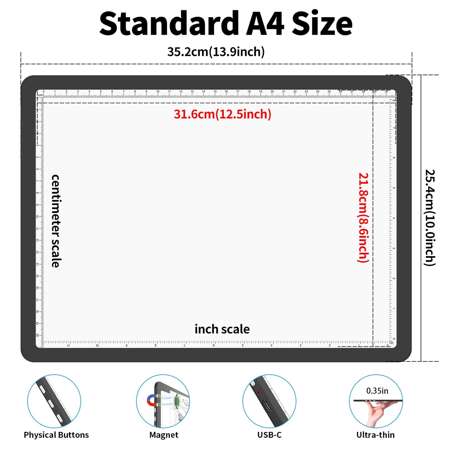 Phylosal Rechargeable A4 Light Pad with Carry Bag, Ultra-Thin Magnetic Tracing Light Box for Drawing, Diamond Art Painting Light Board with Side Button, Super Bright Light Table for Sketching (Black)