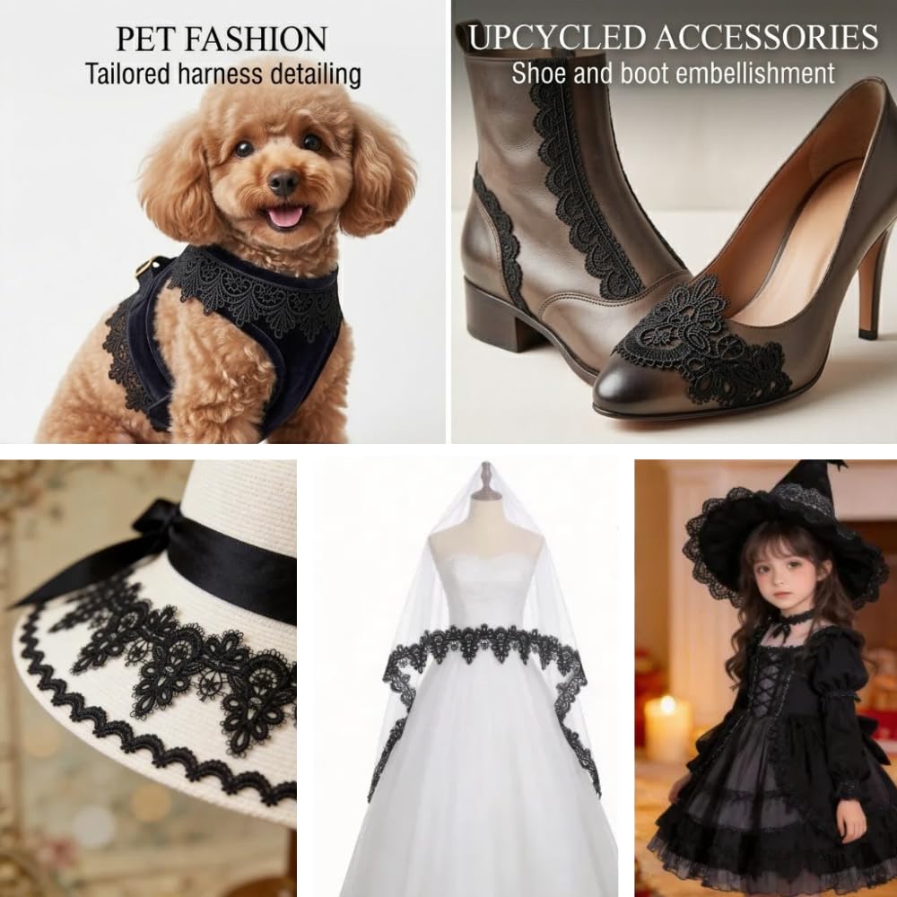IDONGCAI 10 Yards Black Lace Trim Set for Sewing & Crafts – 5 Styles Lace Ribbon Bundle, Venise Lace Trim Elegant Lace Ribbon for Clothing Alterations & DIY Fashion(Black)