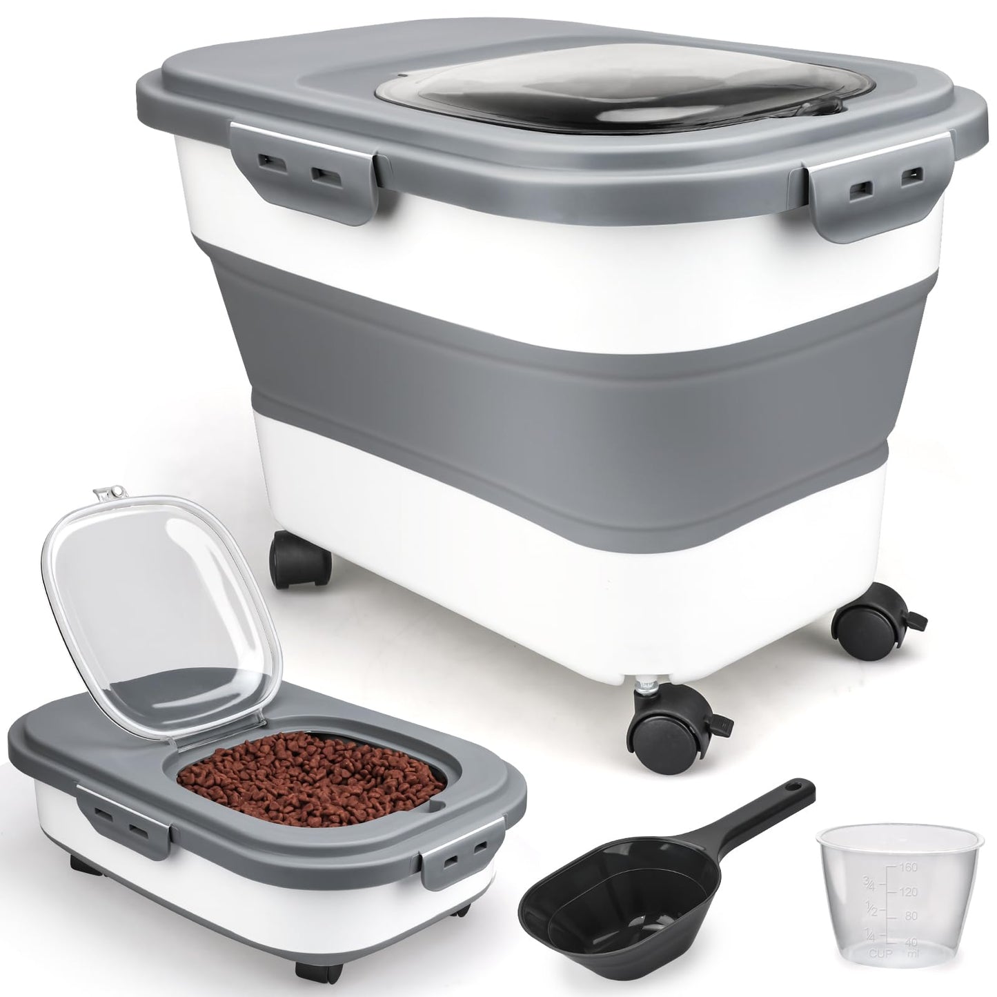 Viretec Dog Food Storage Container, 10-20Lbs Collapsible Pet Food Storage Containers with Rolling Wheel Airtight Locking Lid, Dry Food Storage Bin with Cup and Scoop,Suitable for Pet Food, Rice, Flour