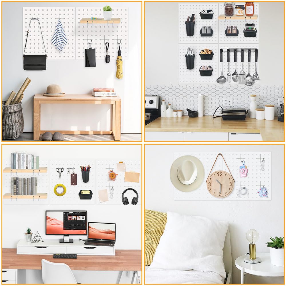 BELLO YON 8Pcs Pegboard, Peg Board, Metal Pegboard Wall Organizer Panels Accessories, Mount Display Pegboard Kits for Walls Garage Craft Room Office Workshop, Easy Installation (White)