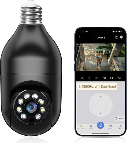 WESECUU Light Bulb Security Camera -5G& 2.4GHz WiFi 2K Security Cameras Wireless Outdoor Motion Detection and Alarm,Two-Way Talk,Color Night Vision,Human Detection, Bulb Camera Compatible with Alexa