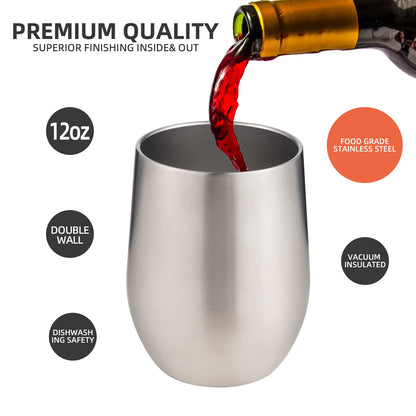 FristChoice 12 oz Insulated Wine Tumbler with Lid and Straw,Stainless Steel Stemless Wine Tumbler Glasses Double Wall Vacuum Wine Cups Tumbler for Coffee,Champaign,Cocktail,Office（Silver,1）