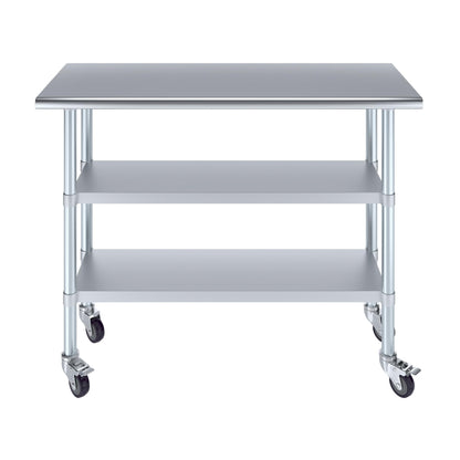 AmGood Stainless Steel Work Table with 2 Shelves with Casters | Metal Utility Table | Commercial & Residential NSF Utility Table (Stainless Steel Table with 2 Shelves, 48'' Long x 18'' Deep)